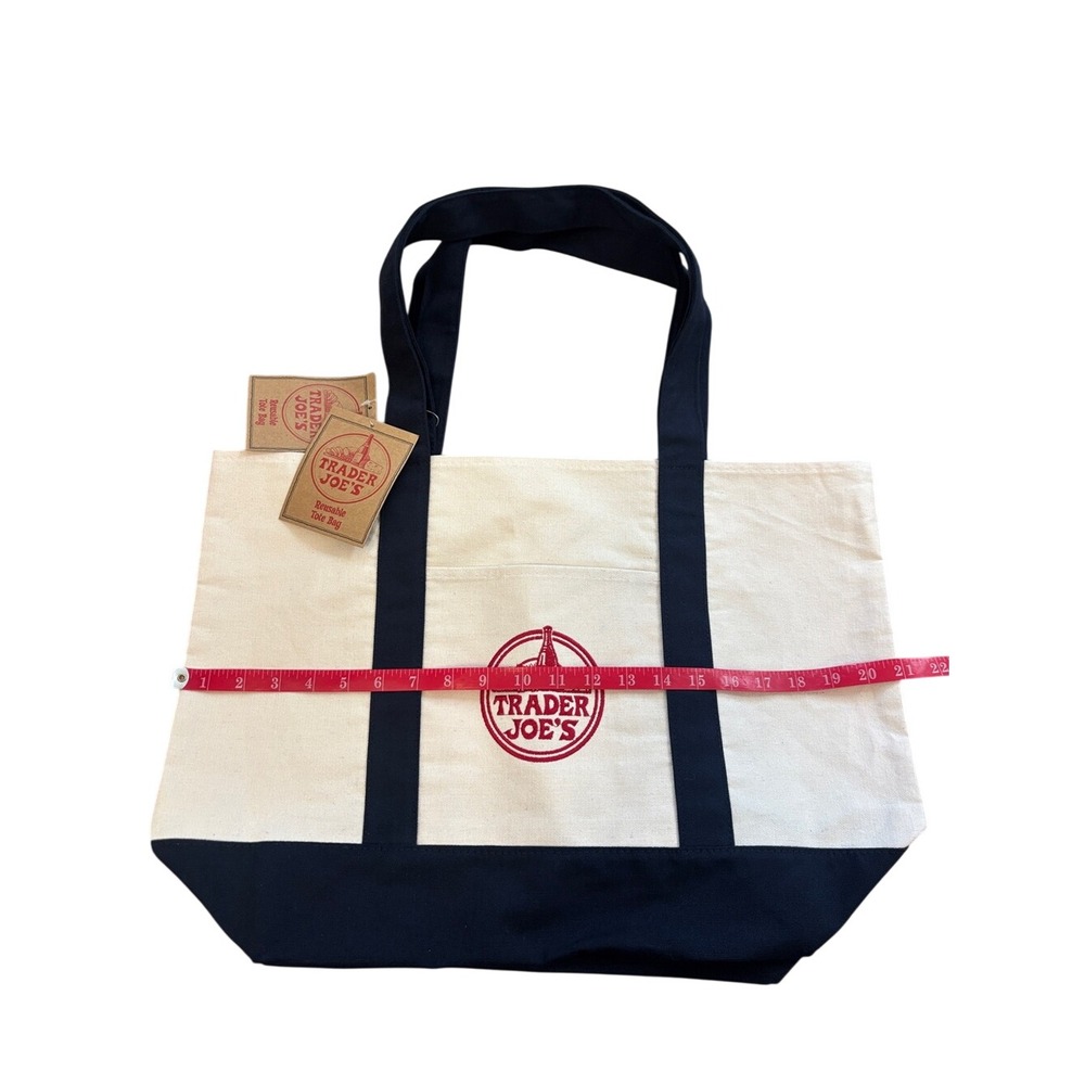 Trader Joe's Reusable Canvas Tote Bag Navy Blue Cream Cotton Grocery 2 Pack NWT - Picture 4 of 5